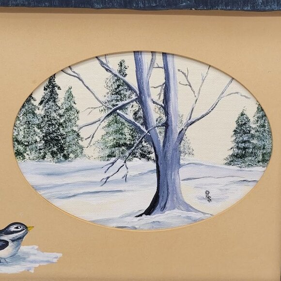 Signed Art Hand Painted Winter Scene Bird Lover Wood Frame Trees Farm Decor Snow - Picture 9 of 10